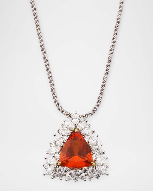 18K White Gold Diamond and Fire Orange Opal Pendant Necklace